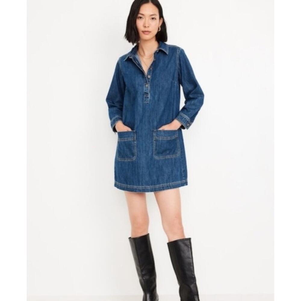 Old Navy Denim Shirt Dress Women Medium Dark Wash Utility Pockets NWT